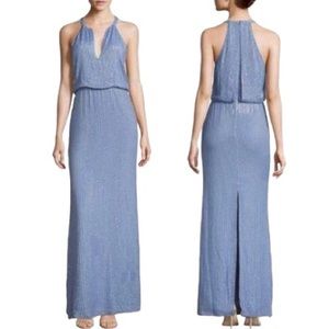 Parker Sequin Beaded Gown Marceline Halter Neck Keyhole Party Evening Blue NWT 4
